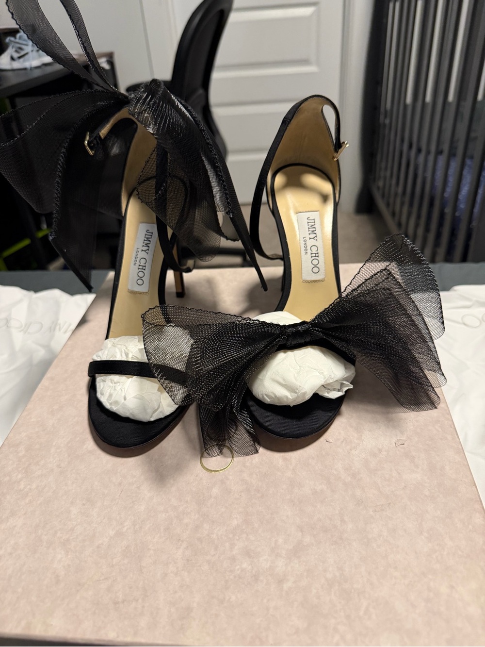 Jimmy Choo Black Tulle Bow Slingback Heels